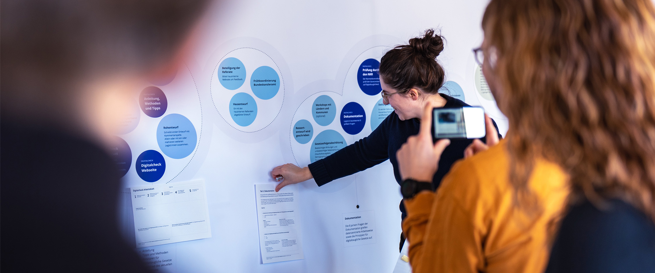 Zwei Personen stehen vor einem Plakat, das die Digitalcheck Service-Landschaft zeigt. Eine der Personen macht mit einem Smartphone ein Foto. Die andere Person pinnt ein Papier an das Plakat.