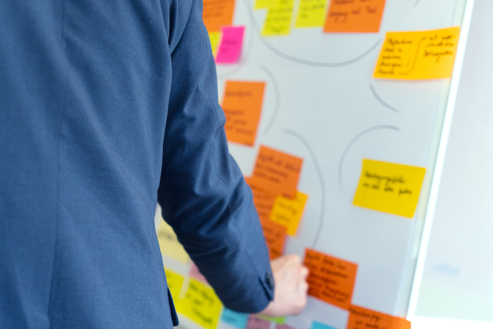 Eine Person klebt einen Notizzettel an ein Whiteboard, an dem sich bereits viele bunte Notizzettel befinden