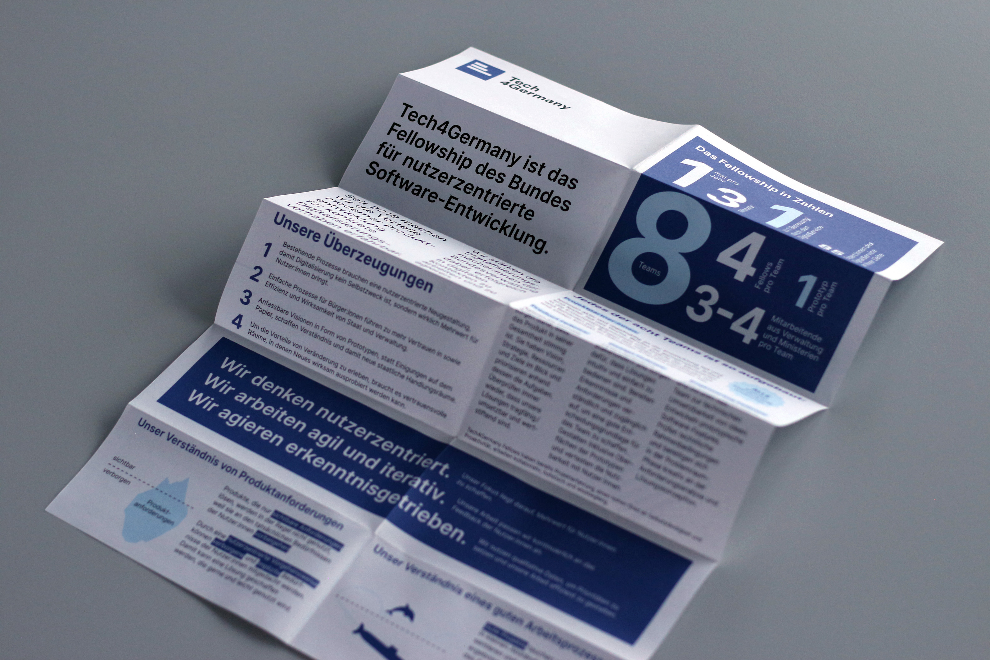Ein Faltblatt mit dem Logo von Tech4Germany diversen Zahlen, Listen und kleinen Abbildungen; ein größer gedruckter Satz sagt: „Tech4Germany ist das Fellowship des Bundes für nutzerzentrierte Software-Entwicklung.“; ein anderer Teil des Faltblattes sagt „Wir denken nutzerzentriert. Wir arbeiten agil und iterativ. Wir agieren erkenntnisgetrieben.“