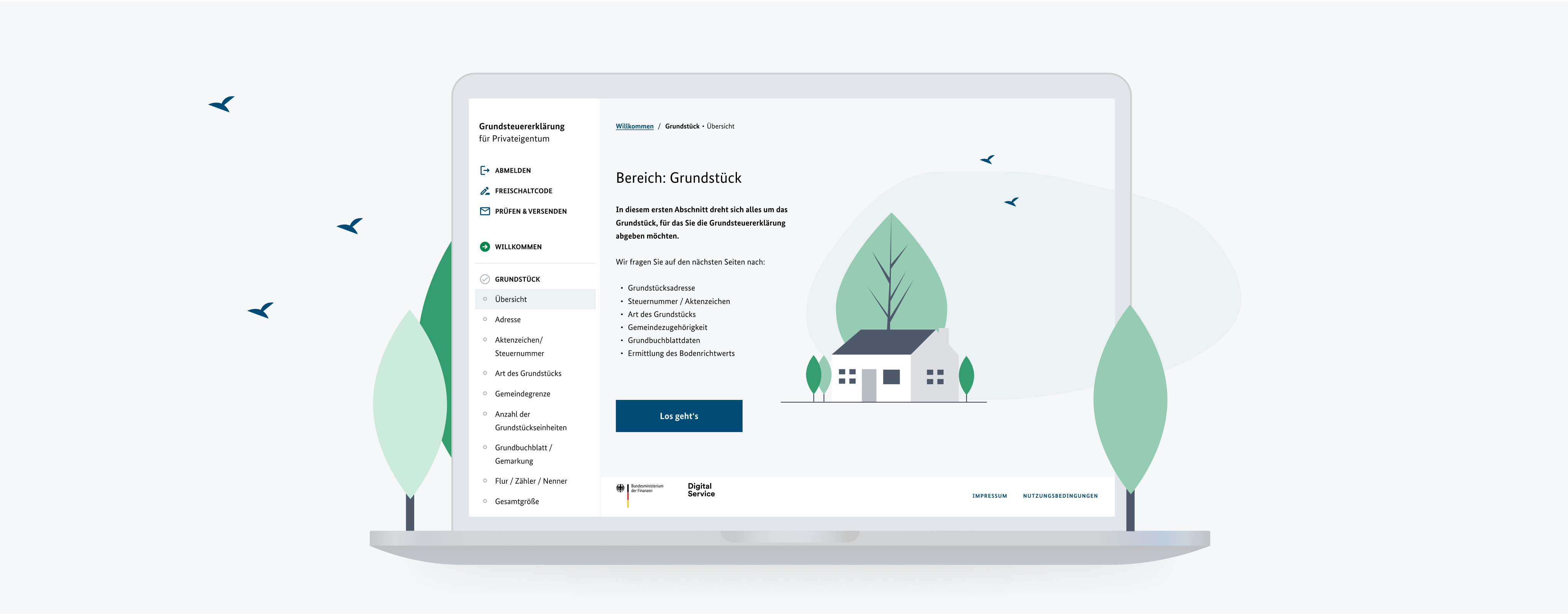 Illustration eines geöffneten Laptops, der die Webseite des Online-Service „Grundsteuererklärung für Privateigentum“ geöffnet hat