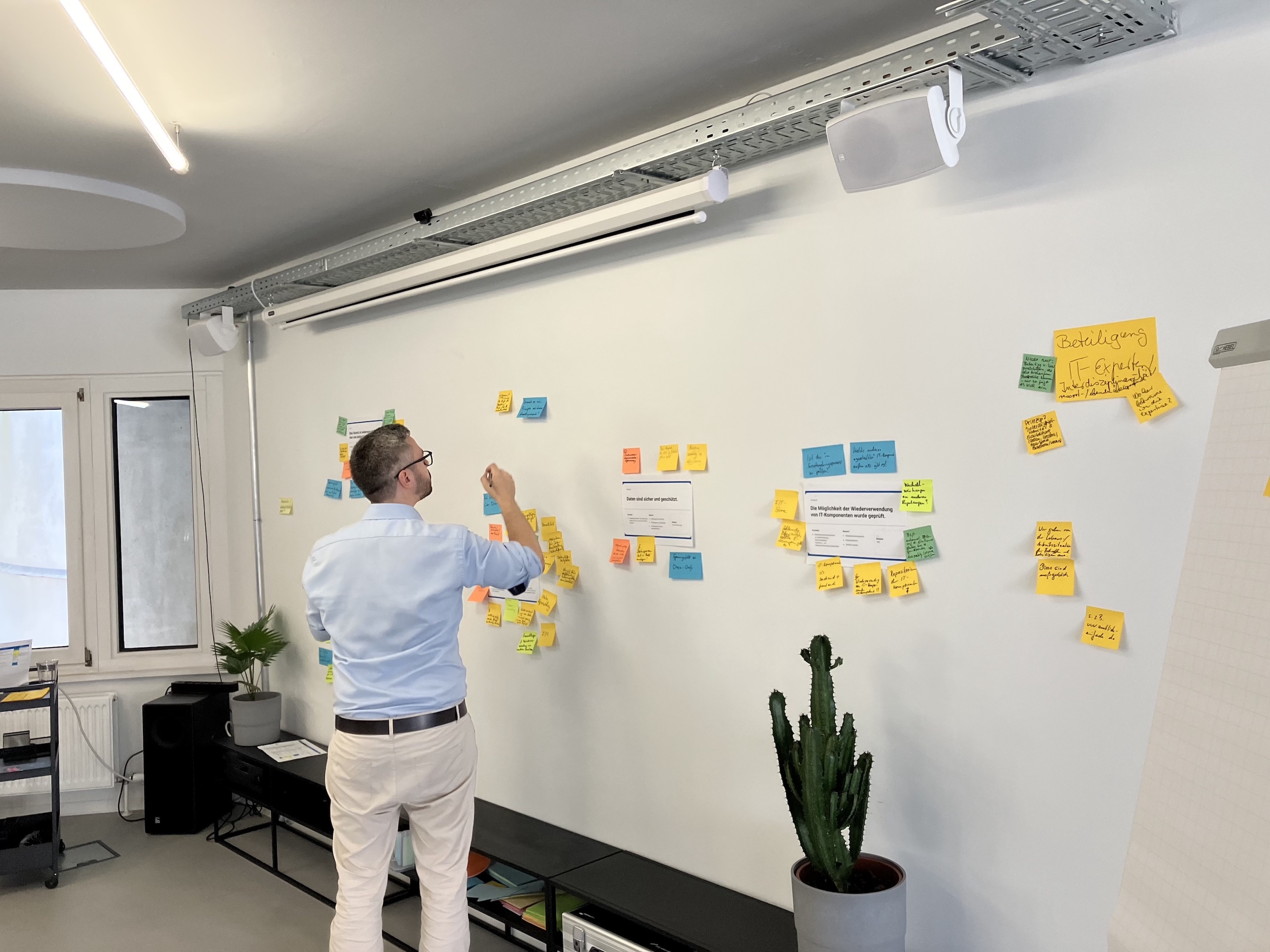 Eine Person klebt Post-it's auf ein Whiteboard