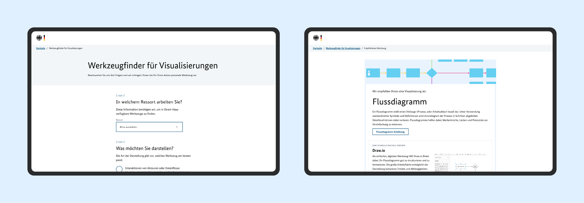 Auf zwei Bildschirmen nebeneinander wird die Benutzeroberfläche des Prototypen des Werkzeugfinders gezeigt