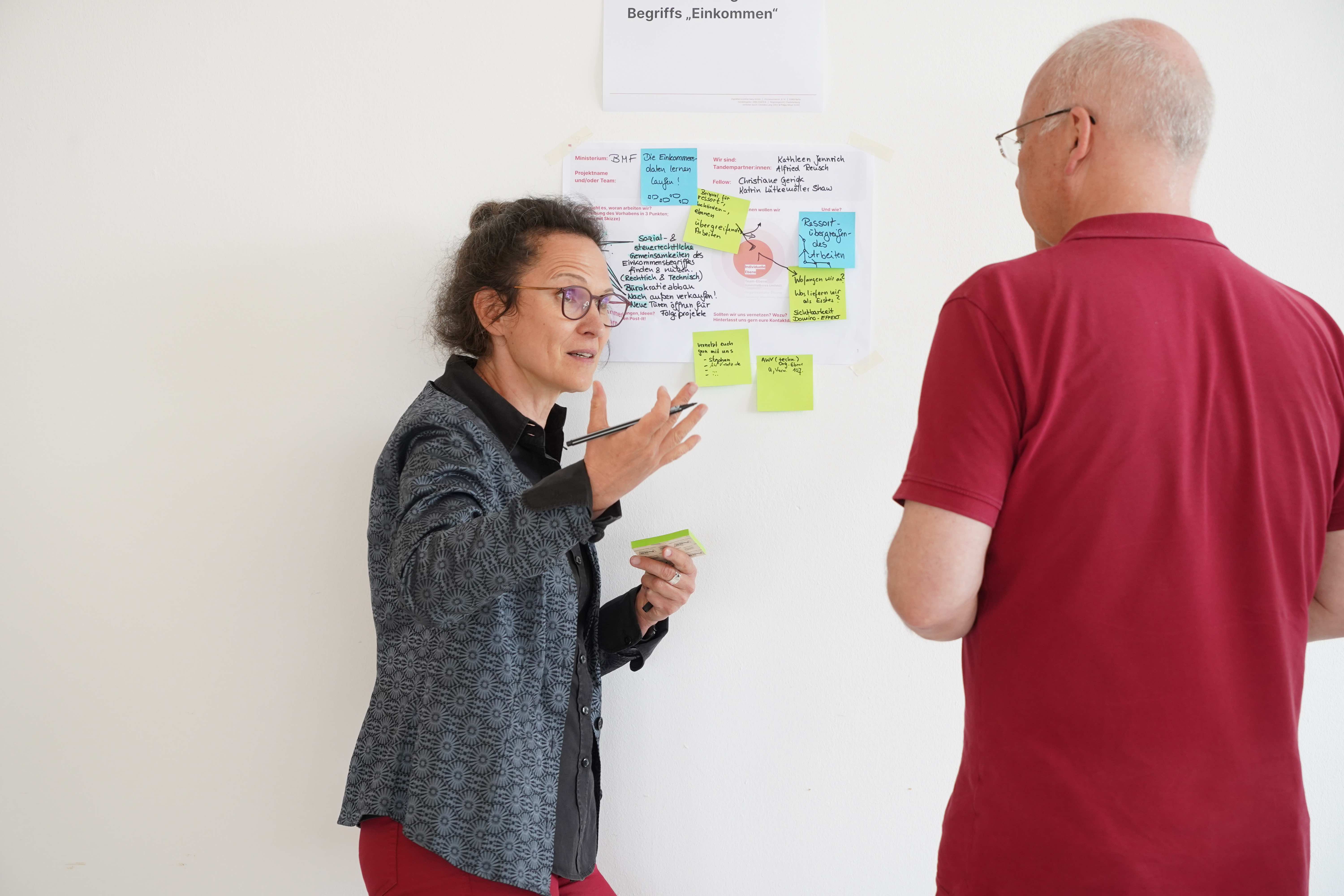 Eine Frau steht vor einer Wand mit bunten Klebezetteln. Sie unterhält sich gestikulierend mit einem Mann.