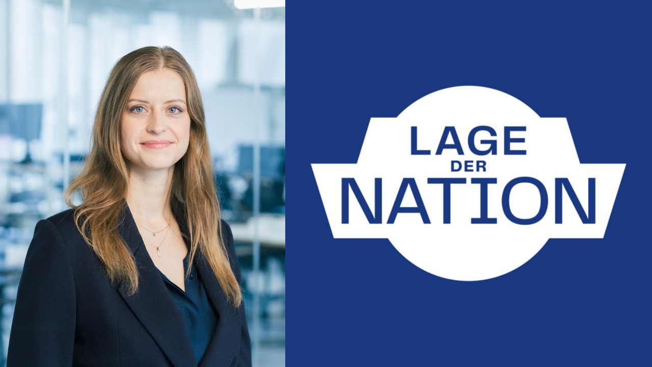 Porträtfoto von Christina Lang links und Logo des Podcasts Lage der Nation rechts