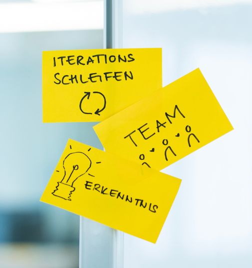 Auf einer Glaswand sind drei Zettel geklebt. Auf den Zetteln steht „Iterationsschleifen“, „Team“ und „Erkenntnis“.