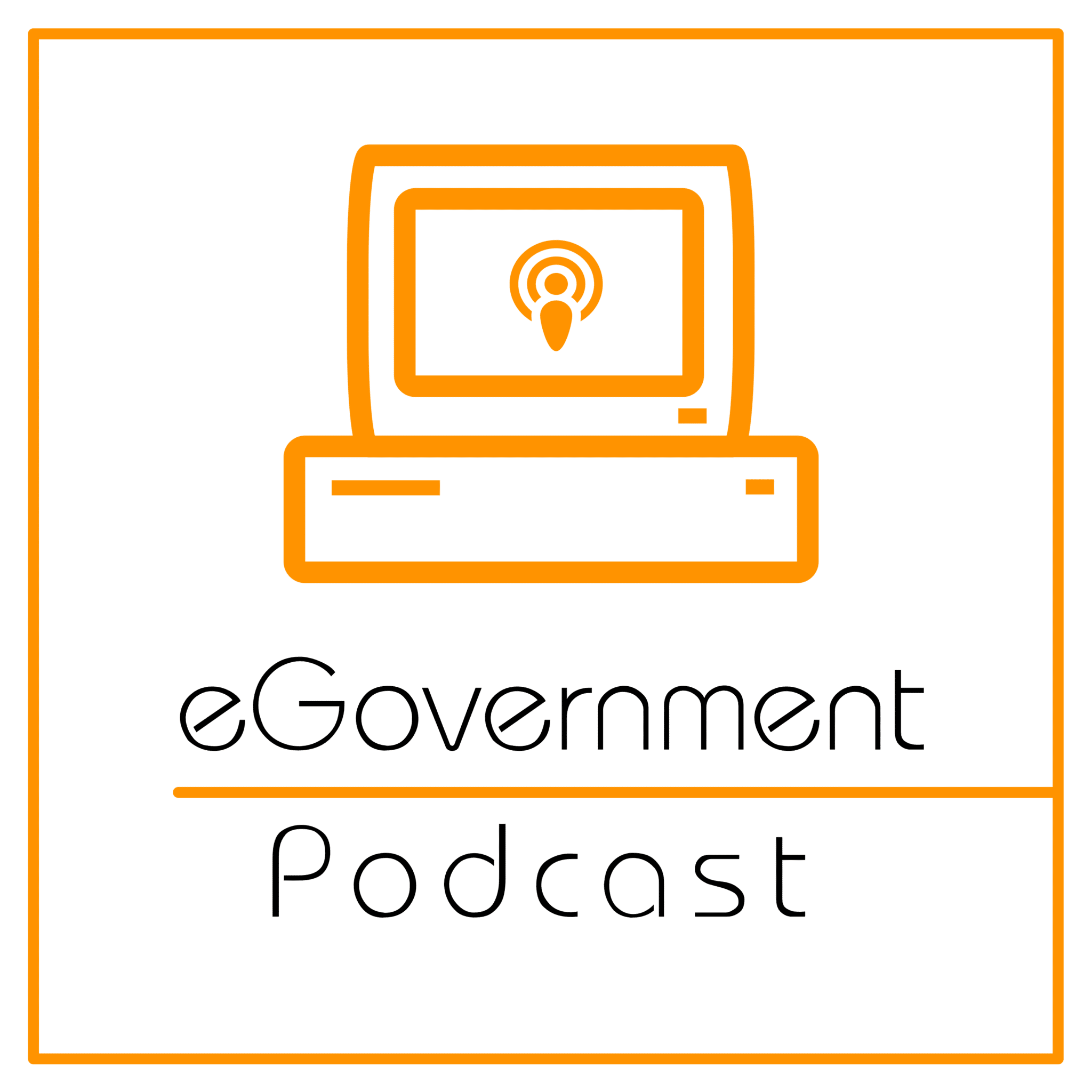Logo of the “eGovernment Podcast”. A computer with a completed action on the screen