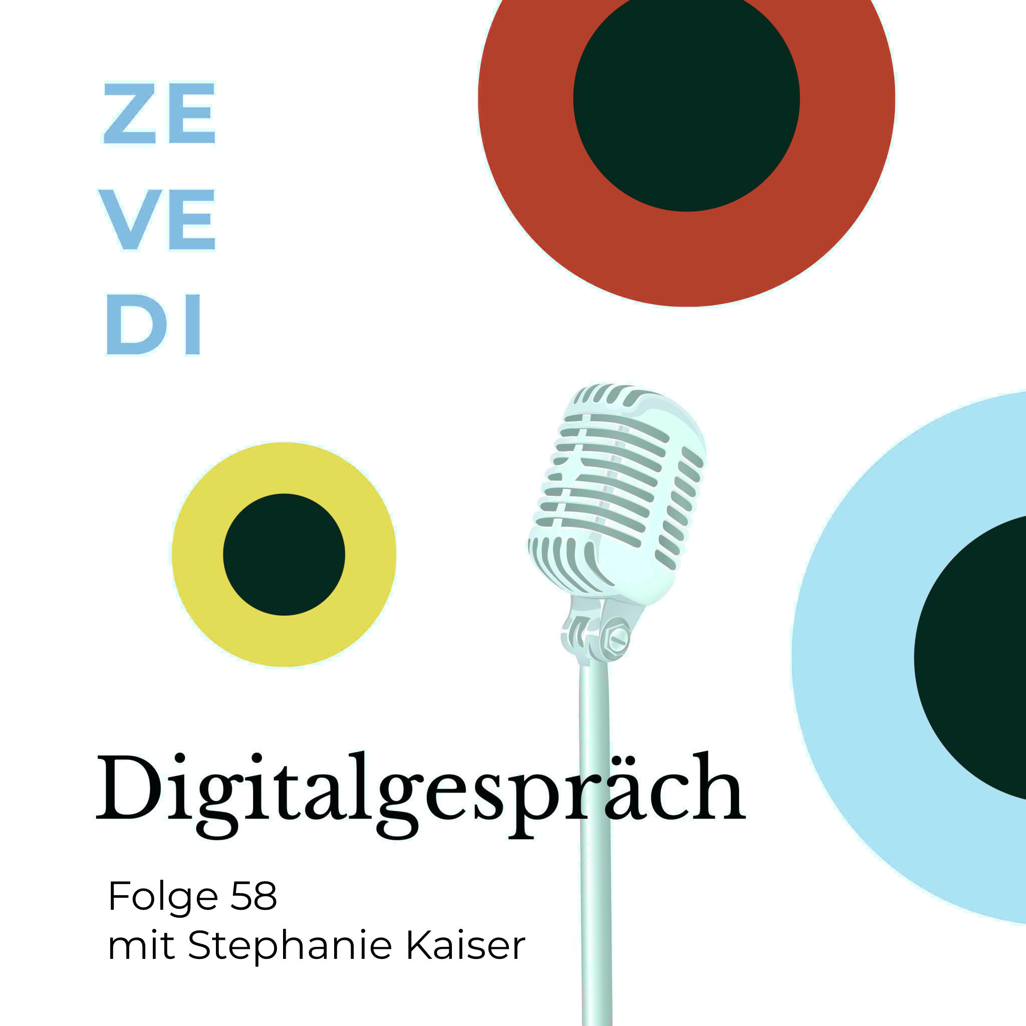 Logo of the podcast “Digitalgespräch”. A microphone with different colored circles are depicted. At the bottom left it says “Episode 38 with Stephanie Kaiser”