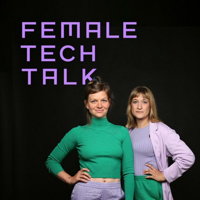 Logo of the Female TechTak podcast with the two presenters and the name of the podcast on a black background