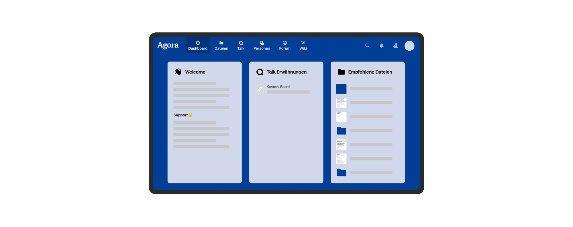 A mock-up of the home page of the Agora collaboration platform