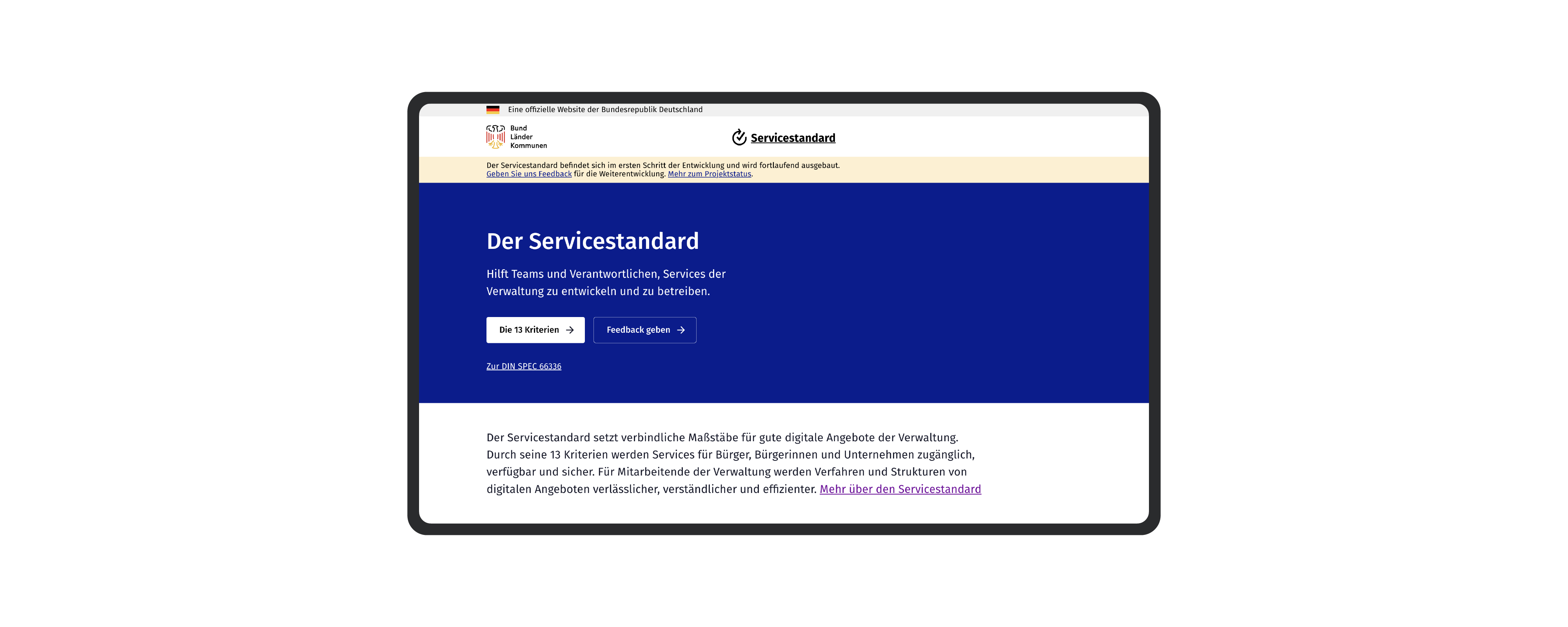 Ein Screenshot der aktuellen Beta-Version der Servicestandard Website