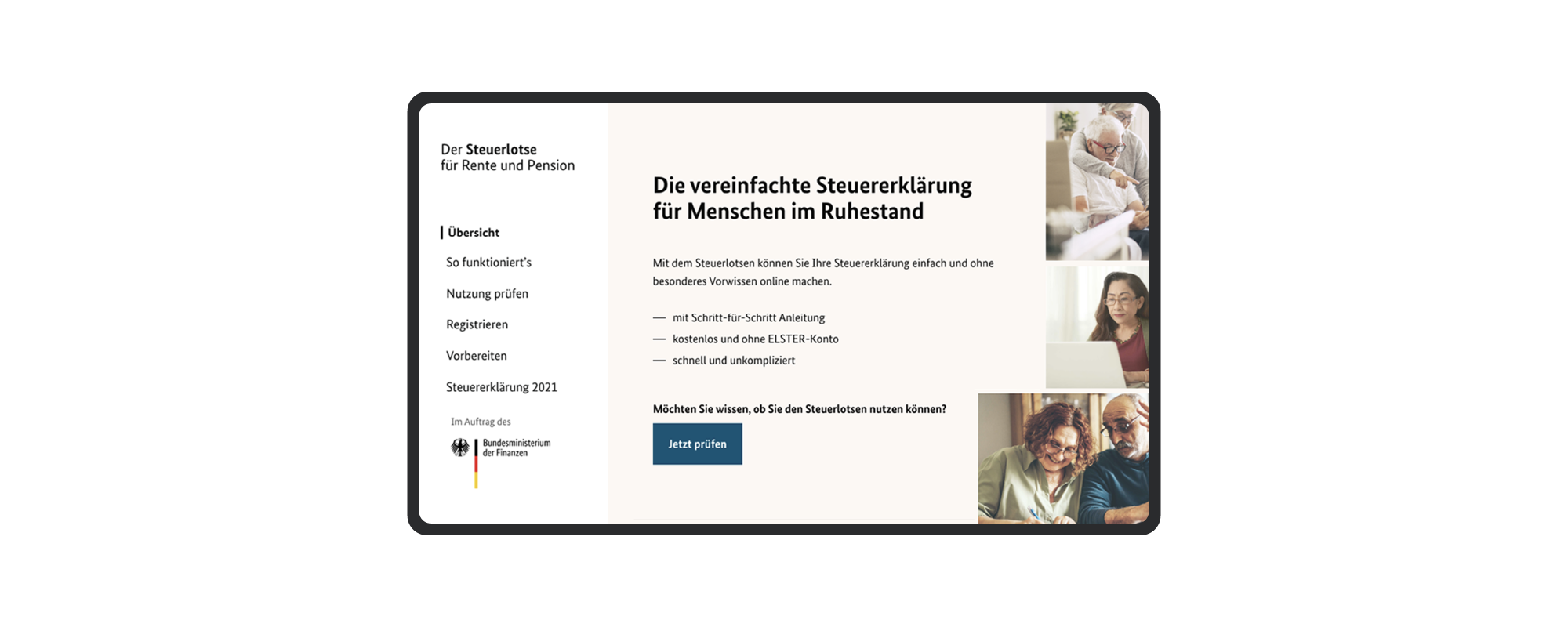 Die Startseite des Online-Services Steuerlotse für Rente und Pension auf einem Tablet zeigt einen Überblick über die zur Auswahl stehenden Menüpunkte.