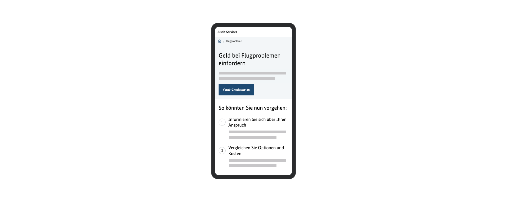 A mock-up for an online civil court procedure on a smartphone shows the section ‘Claiming money for flight problems’.